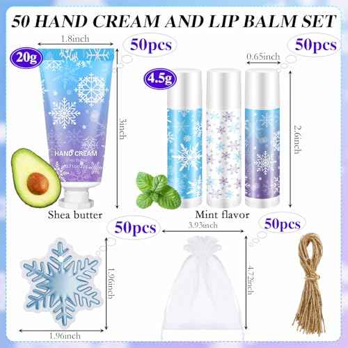 50 Set Winter Snowflake Hand Cream Lip Balm Bulk Set Woman Christmas Gift Include 50 Lip Balm 50 Hand Cream 50 Bag 50 Tag for Winter Christmas Stocking Stuffers