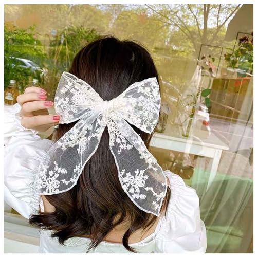 Vintage Large Lace Bow Hair Clip Barrette - White Silk Bow Lace Hair Accessories for Women