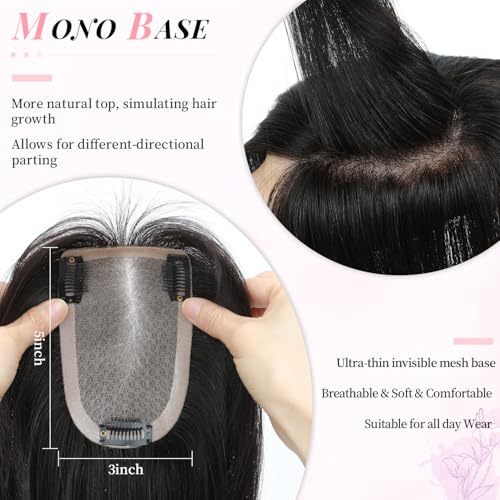 Fine Plus 10Inch Hair Toppers for Women Real Human Hair ? Mono Base 3"x5", Natural Black Virgin Quality, for Thinning Crown & Wide Parting, Lightweight & Breathable, Add Volume Can Be Curled