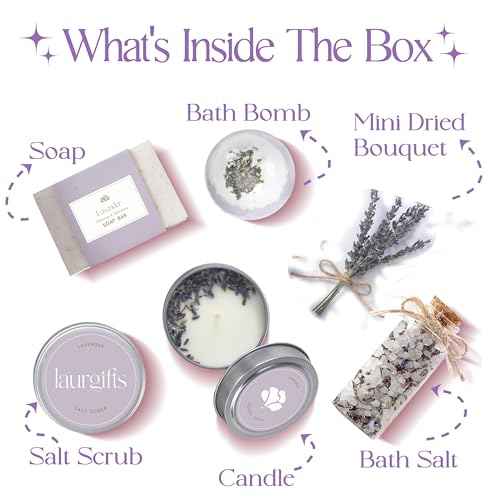 Lavender Small Spa Gift Box for Women ? Relaxing Self Care Set with Candle, Bath Bomb, Soap & Scrub ? Birthday, Thank You, Christmas, Housewarming, Bridal Shower, Get Well Soon Gift Basket for Her