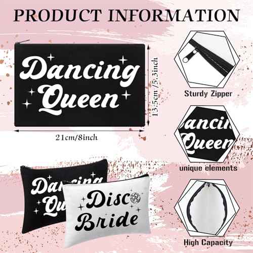 7 Pcs Disco Bride Bachelorette Party Makeup Bags Dancing Queen Bachelorette Gifts Canvas Cosmetic Bags Set for Women Bridal Shower Wedding Party Supplies Dancer