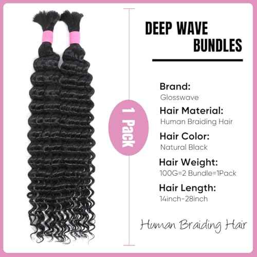 Human Braiding Hair for Boho Braids 20 Inch 2 Bundles 100g Deep Wave Bulk Hair 12A Virgin Curly for Knotless Braids (Natural Color)