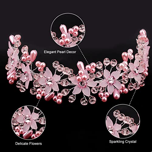 CURASA Flower Girl Crystal Pink Pearl Headband for Women's Wedding, Princess Crown for Birthday, First Communion