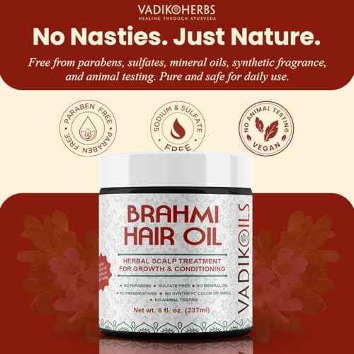 Vadik Herbs Brahmi Hair Oil (8 oz) All natural herbal hair oil for hair growth, hair conditioning, dandruff and dry scalp with Rosemary Oil | Herbal scalp treatment