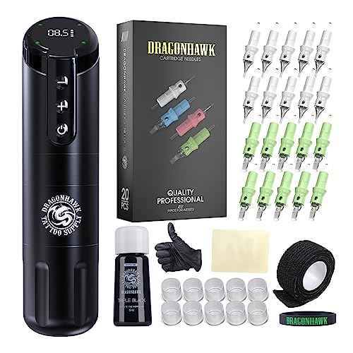 Dragonhawk Tattoo Gun Kit Wireless Beginner Tattoo Kit Complete Tattoo Machine Kit Big Screen Battery Power Supply