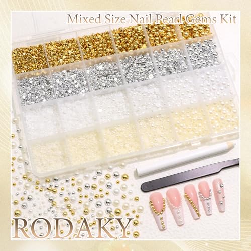 RODAKY Gold&Silver Nail Charms and Beads Gems 2-6mm Half Round Flatback Nail Pearls Beads for Nails,Flatback Rhinestones Jewels for Junk Case Kit Crafting Face Hair Manicure DIY