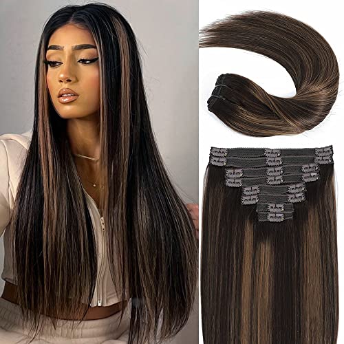 Balayage Clip in Hair Extensions Real Human Hair Straight Highlight Human Hair Clip ins for Women, Natural Soft Remy Human Hair, 8Pcs 120g, 20inch #2/6/2 Balayage Dark Brown to Chestnut Brown
