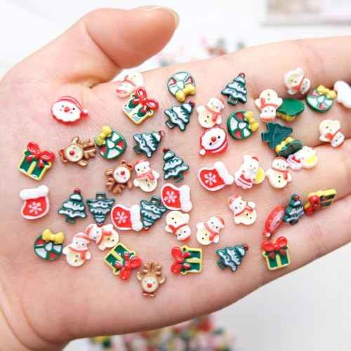 50Pcs Christmas Nail Art Charms - Cute Cartoon 3D Snowman, Elk, Holly Gift Design - Resin Flat Craft Winter Nail Supplies for Women Girls - New Year Decoration