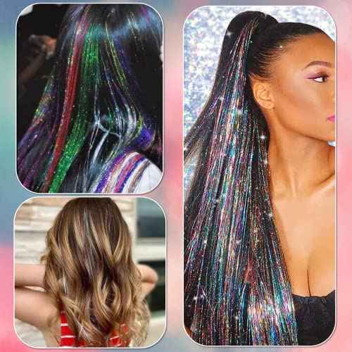 Hair Tinsel Kit with Tools and Instruction Easy to Use 12 Colors 2400 Strands 47 Inches Glitter Tinsel Hair Extensions for Women and Girls, Sparkling Shinny Fairy Hair Accessories for Christmas New Year Halloween Cosplay Party