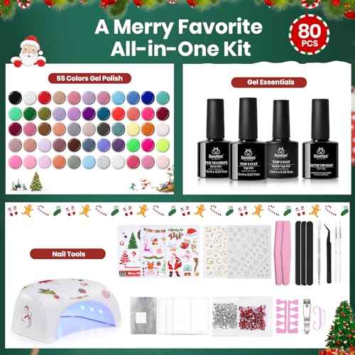 Beetles 82 Pcs Gel Nail Polish Kit with U V Ligh - 55 Color Gel Nail Kit Christmas Gifts for Teens Women Girls Soak Off Color Enchantment Winter Red Nails Art Home Salon Beginner DIY Manicure Set