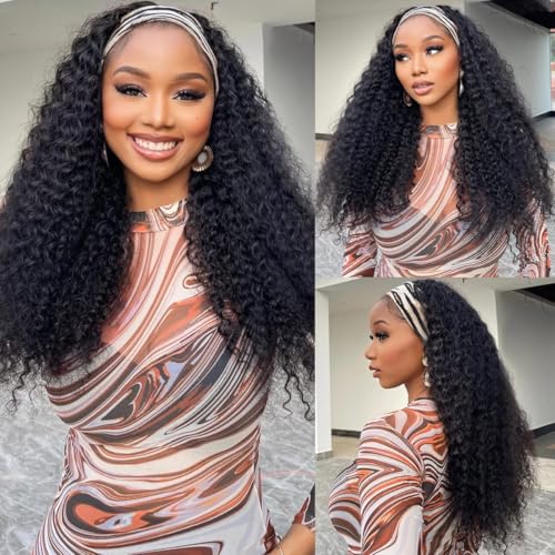 Headband Wig Human Hair Deep Wave 20 Inch Curly Headband Wigs for Black Women Glueless No Lace Half Wig Brazilian Virgin Hair Deep Curly Natural color