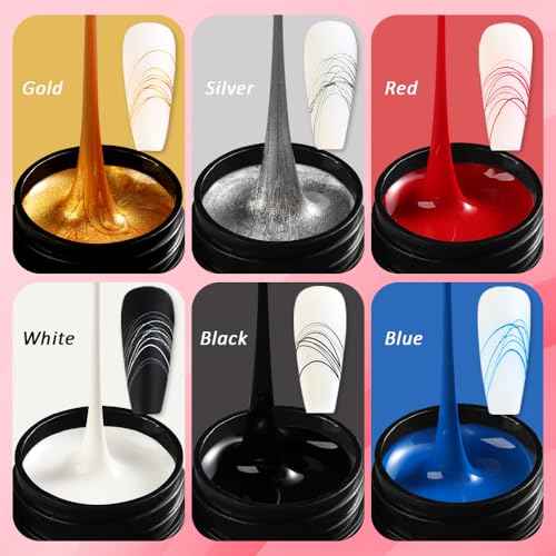6 Colors Spider Gel Set, Elastic Drawing Spider Gel with Nail Art Brush, White Black Red Blue Gold Silver Paint Wire Drawing Gels Polish Manicure DIY Nail Designs