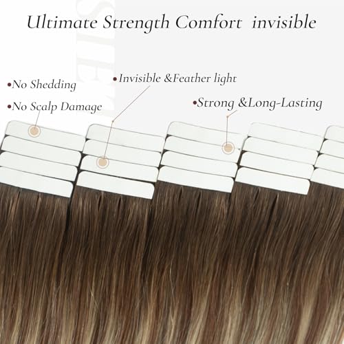 Tape in Hair Extensions Human Hair, 20pcs 50g 18 Inch Tape in Hair Extensions, Balayage Walnut Brown To Ash Brown Mix Light Blonde,Invisible Remy Silky Straight Real Natural Thick Human Hair
