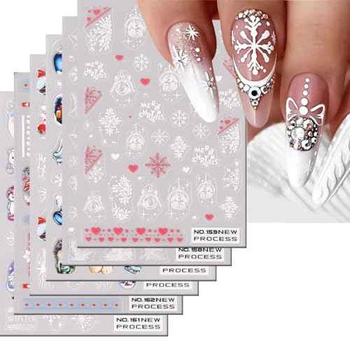 6Sheets Christmas Nail Art Stickers Decals 3D Self-Adhesive Christmas Nail Art Supplies 3D Xmas Snowflake Santa Cartoon Snowman Nail Art Design for Women New Year DIY Nail Decor