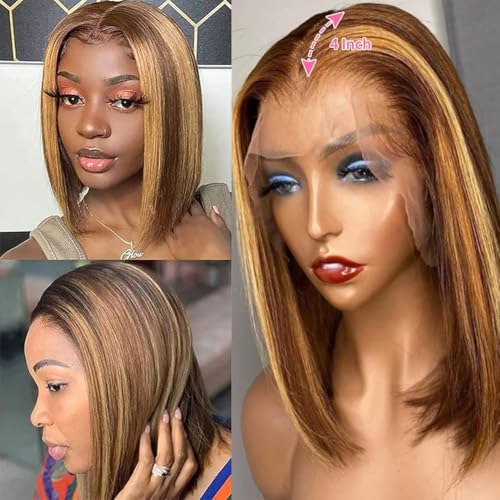 Bob Wigs Human Hair Highlight Ombre 13x4 Lace Front Wigs 4/27 Honey Blonde Glueless Wigs Pre Plucked with Baby Hair 180 Density Short Bob Wigs for Women 12 Inch