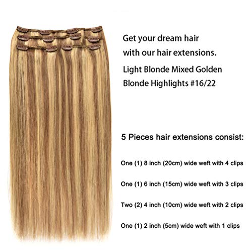 5 Pieces 18" Remy Clip in Ombre Hair Extensions Human Hair Light Blonde Mixed Golden Blond Highlights - Silky Straight Long Thick Real Hair Extensions for Women Fashion (18 inches, #16/22, 90grams)