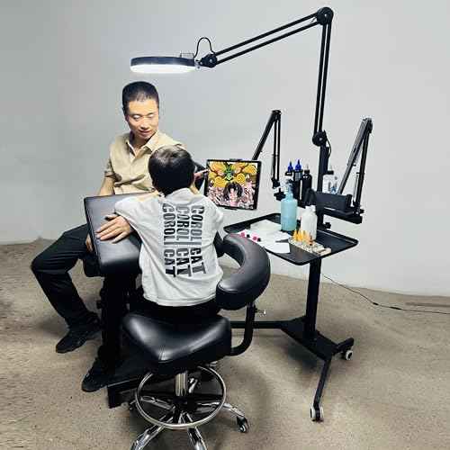 Tattoo Workstation Multi-Function Console, Tattoo lamp, Double Stand with lamp Tattoo Tray Trolley, Adjustable Height Magnetic Tray