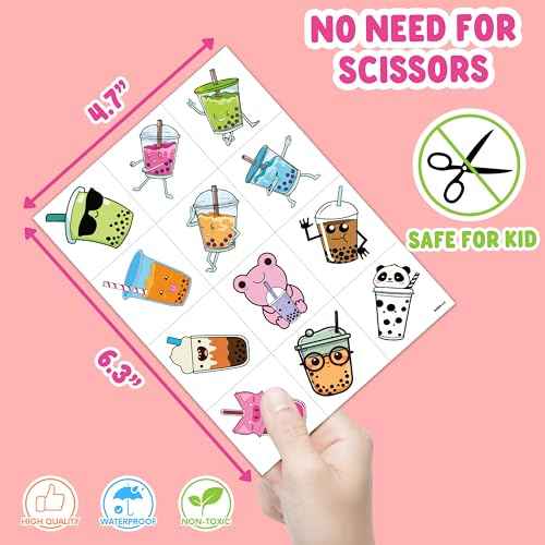 96 PCS Funny Bubble Boba Milk Tea Pre-cut Temporary Tattoos Sticker Theme Birthday Party Decorations Supplies Decor Favors Gifts Boys Girls Adults Cute Tattoo School Reward Prizes Christmas Carnival