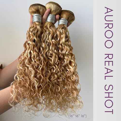 27/613 Ombre Blonde Bundle Human Hair Water Wave, 13A Grade Highlighted Multi-Blonde Human Hair Wet n Wavy Curly Single Bundles 100% Raw Brazilian Silky Colored Hair Weaves Extension 14 Inch