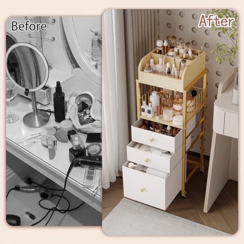 Makeup Organizer Cart with Drawers, Floor Skincare Organizers Make Up Organizers-Vanity Organizer Cosmetic Display Cases Holder for Skin Care Perfume Nail Polish Brush Hair Tool£¨Gold£©