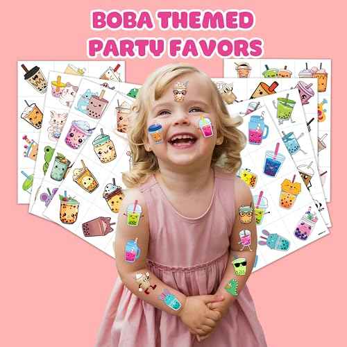 96 PCS Funny Bubble Boba Milk Tea Pre-cut Temporary Tattoos Sticker Theme Birthday Party Decorations Supplies Decor Favors Gifts Boys Girls Adults Cute Tattoo School Reward Prizes Christmas Carnival