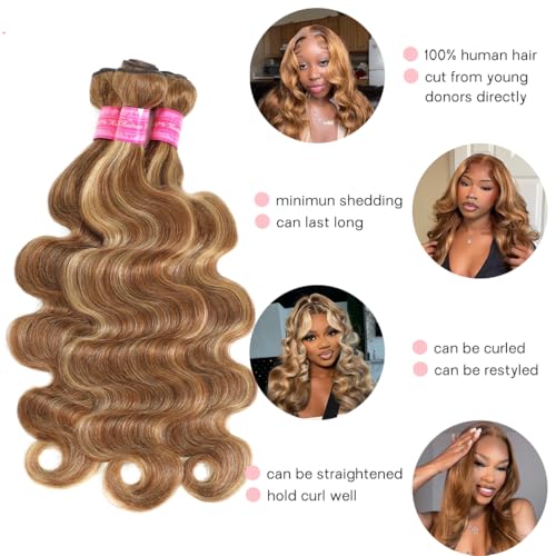 Human Hair Bundles Body Wave Brazilian Virgin Hair Bundles Curly Weave Bundles 100% Unprocessed Human Hair Weft 4/27 Piano Color Ombre Bundles