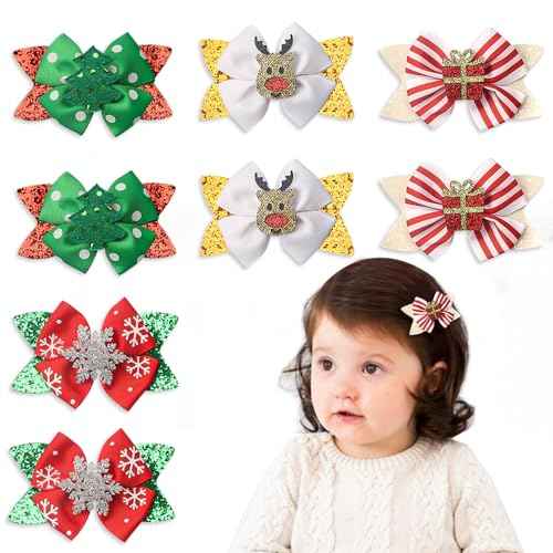 ALIBBON 8 Pcs Christmas Hair Bows for Girls, Glittering Christmas Tree Snowflake Hair Clips for Woman, Reindeer Hairpins for Kids, Christmas Hair Accessories for Holiday Party Supplies