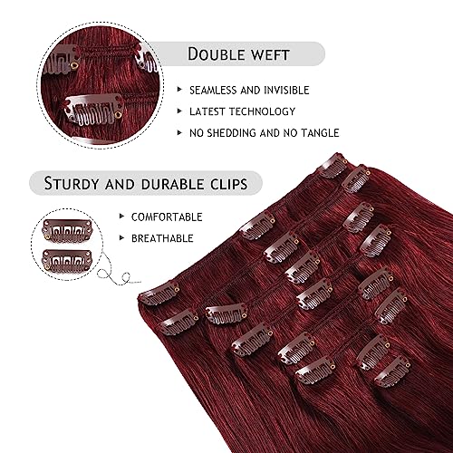 YILITE Clip in Hair Extensions 120g 8Pcs/Pack Burgundy Double Weft Silky Straight Remy Human Hair Thick Clip in Real Hair Extensions for Women£¨16inches #99J Burgundy£©