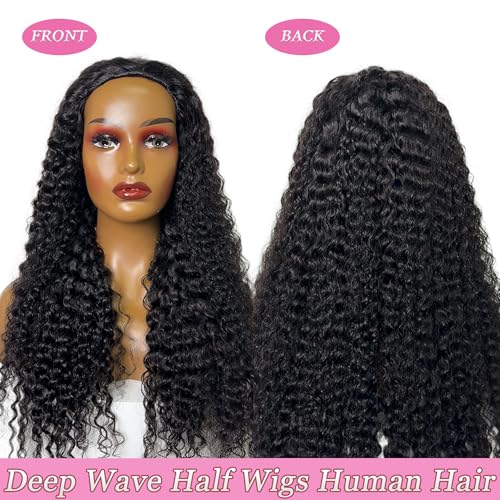 Curly Half Wig Human Hair 180% Density Deep Wave Glueless Wigs Upgrade 3 In 1 Wigs Beginner Friendly Seamless Flip Over Drawstring Curly Wig Ready to Go Headband Wig Natural Black Color 16 Inch
