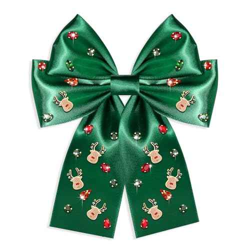 Boderier Christmas Hair Bows for Women Girls Santa Reindeer Hair Bows Clip Crystal Jeweled Ribbon Bows Christmas Outfits Hair Accessories Party Favors Gifts Reindeer Green