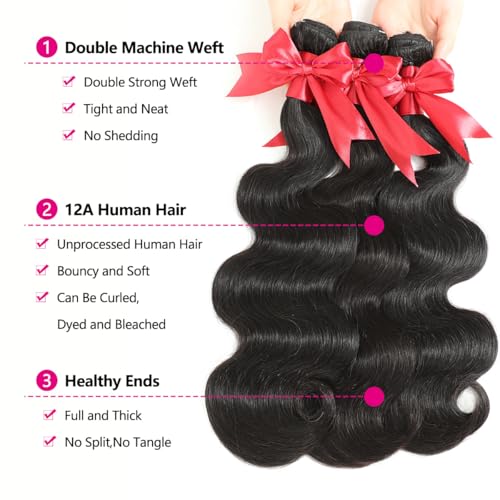 12A Human Hair Bundles with Frontal 10 12 14 with 10 Inch Brazilian Body Wave 3 Bundles Human Hair with 13x4 HD Lace Frontal Closure 100% Unprocessed Virgin Human Hair Weave