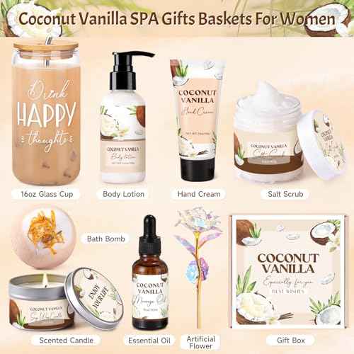 Spa Gift Baskets for Women, Vanilla Coconut Bath and Body Gifts Set for Women, Home Spa Self Care Gift, Relaxing Bath Set for Mom Wife Sister Friends Sister Girlfriend, Mother¡¯s Day Thank You Gifts