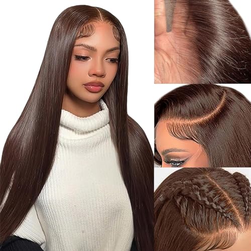 Azkiu 32 Inch Chocolate Brown Lace Front Wigs Human Hair 13x6 Straight HD Lace Front Wigs Pre Plucked Straight Human Hair 13x6 HD Frontal Human Hair Wig for Women 200 Density