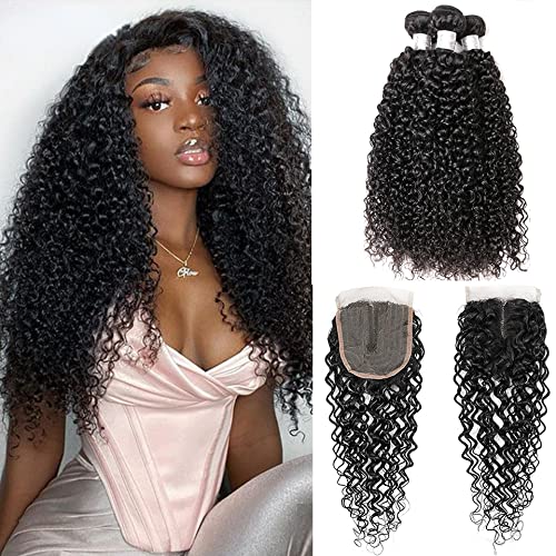 Jerry Curly Wave 5Bundles(50g/bundle) with 4x4 Lace Closure Brazilian Human Hair Bundles with Free Part Closure Kinky Curly Human Hair Bundles with Lace Closure(14/14/14/14/14+14"Closure)