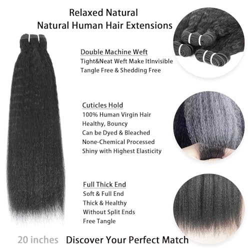 Kinky Straight Human Hair Bundles 16 18 20 Inch 12A 100% Unprocessed Brazilian Virgin Hair 3 Bundles Yaki Straight Bundles for Black Women Quick Weave Natural Black Color