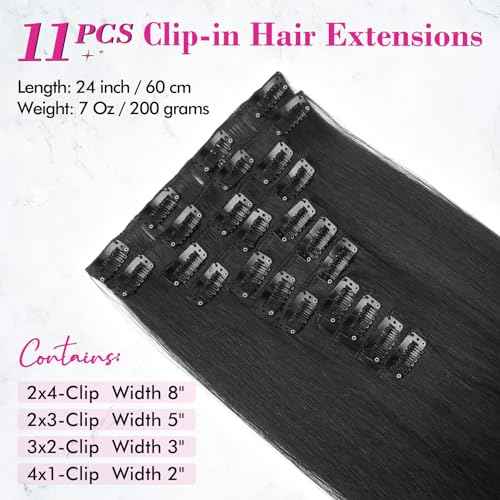 REECHO Hair Extensions, 11PCS Clip in Hair Extensions 24" Long Straight hair extensions HE005 Natural Soft Synthetic Hairpieces for Women ? Black