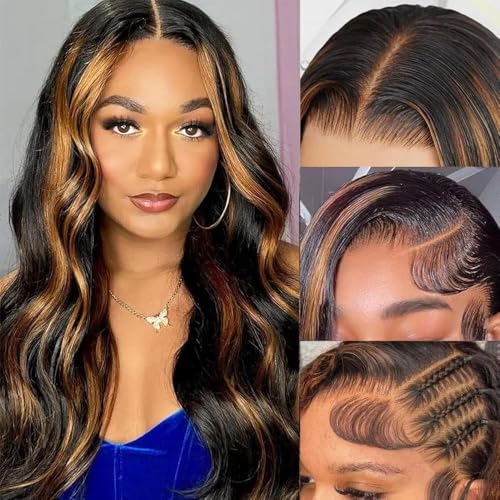 13x6 Ombre Lace Front Wig Human Hair 1B/30 Highlight 180% Density Body Wave Brazilian Virgin Human Hair Wigs for Women Pre Plucked with Baby Hair 20Inch