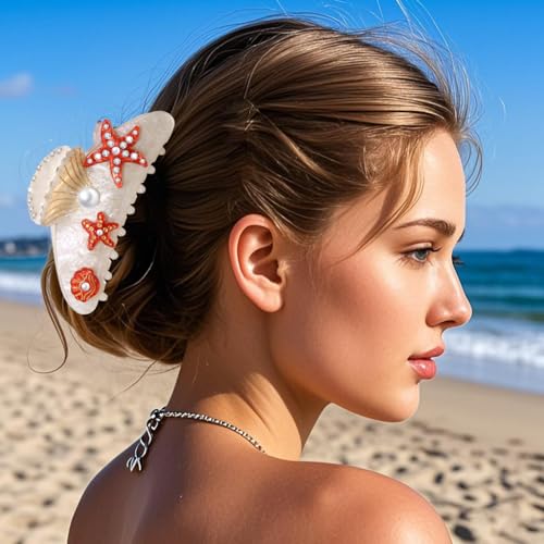 BVGA Sea Animal Hair Claw Clips Marine Life Starfish Seashell Pearl Crystal Claw Clips Cute Large Claw Hair Clips Beach Stylish Hair Accessories Gifts for Women Girls (Shell Starfish White)