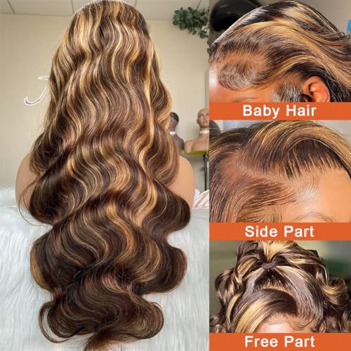 BXW Highlight Ombre Lace Front Wig Human Hair 13x6 Blonde Highlight Body Wave Lace Front Wigs Human Hair 4/27 Colored Deep Wave Wig 200% Density Honey Blonde With Frontal Wigs For Women 30Inch
