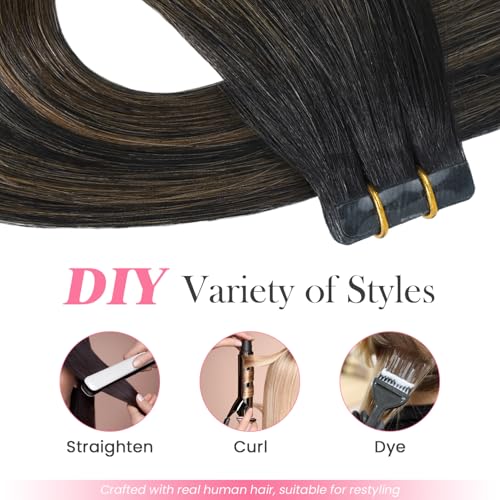 Tape in Hair Extensions 1BT6P1B Natural Black to Chestnut Brown 100% Remy Human Hair Extensions Silky Straight for Fashion Women 20 Pcs/Package(22Inch #1BT6P1B 60g)