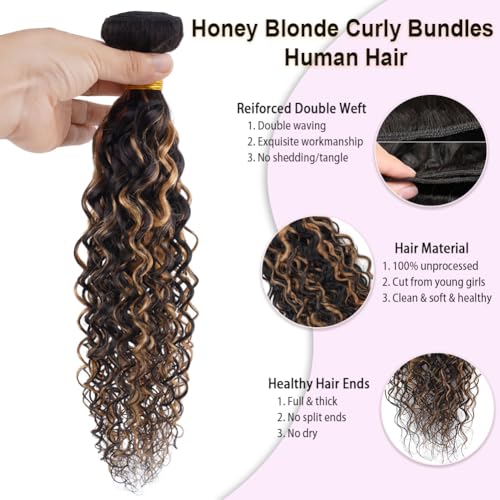 Highlight Water Wave Bundles with Closure Human Hair Honey Brown Balayage Curly Wave Human Hair Bundle 1B/27 Colored 3 Bundles with 4x4 HD Lace Closure Free Part (10 12 14+10)
