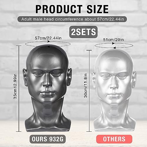 Geetery 2 Pcs Large Male Mannequin Head PVC Manikin Professional Man Head Model Silver Grey Display Stand for Display Wigs, Mask, Headset, Headphone, Hats, Jewelry, Hair, Glasses