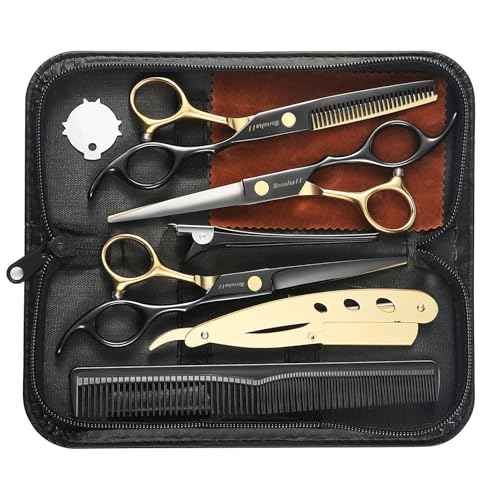 Professional Black Gold Hair Scissors 6.89" Teeth Japanese Stainless Steel Multifunctional Salon Thinning Scissors Straight Shears Tools for Men Women Home Salon Barber