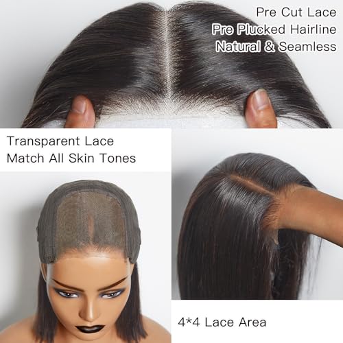 WEQUEEN Wear and Go Glueless Bob Wig Human Hair Pre Plucked Pre Cut 4x4 Skin-like Lace 250% Density Straight Short Bob Wig for Black Women 12 Inch
