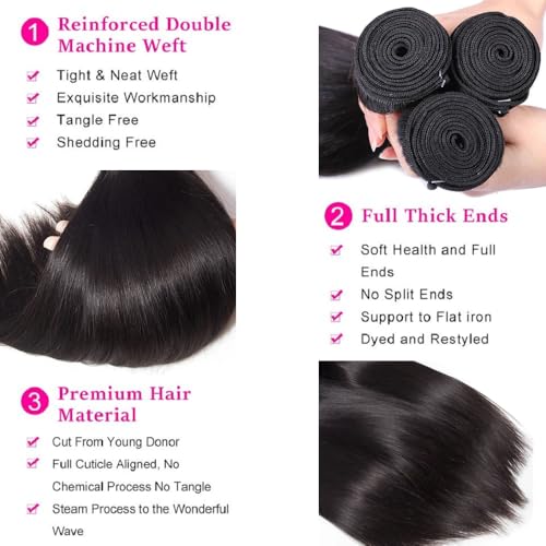 12A Straight Bundles with Closure Human Hair 16 18 20+14 Inch 100% Unprocessed Virgin Brazilian Straight Human Hair Weave 3 Bundles Deals with 4x4 HD Lace Closure