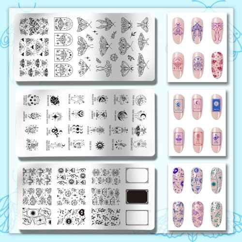 PH PandaHall 3pcs Tarot Nail Art Stamping Plate, 63 Pattern Fantasy Moth Nail Stamper Fantasy Elements Nail Stamping Plate Print Nail Stencils Stainless Steel Nail Image Plates for Nail Art Design