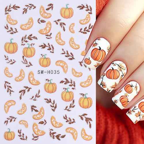 Fall Nail Art Stickers, Autumn Pumpkin Nail Decals 3D Self-Adhesive Red Gold Maple Leaf Pumpkin Fall Sunflower Flower Nail Art Design Thanksgiving Nail Accessories for Women Girls(6 Sheets)