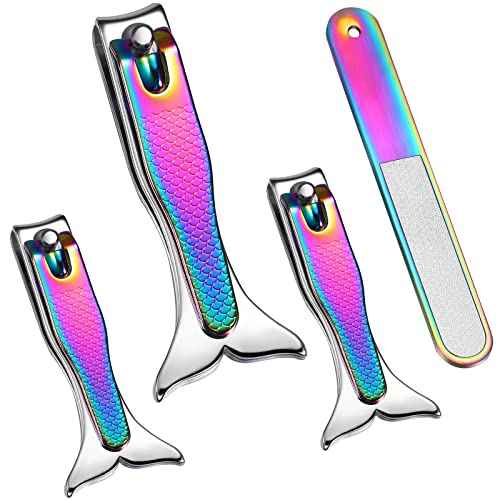 Honoson 4 Pieces Mermaid Nail Clipper Set Stainless Steel Nail Cutter Cute Mermaid Clippers Sturdy Fingernails and Toenail Cutter File Birthday Stocking Stuffers Christmas Gifts for Women