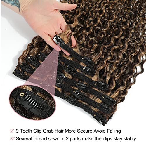 Urbeauty Curly Clip in Extensions Remy Human Hair Brown Highlight Blonde Natural Wavy Hair Extensions 18 Inch 120g Triple Weft Clip in Hair Extensions Full Head Kinky Curly Human Hair 4/27
