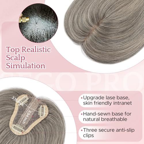 Hair Toppers for Women Real Human Hair with No Bangs 3.1¡¿3.9 Inch Silk Base Clip-In Topper Natural Looking Hairpieces for Women£¨8 Inch,Dark Grey£©